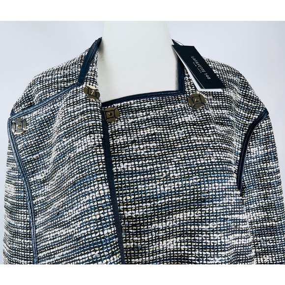 Lafayette 148 New York Woman’s Blazer Blue White Jacket, Size L Leather Trim - Picture 5 of 16